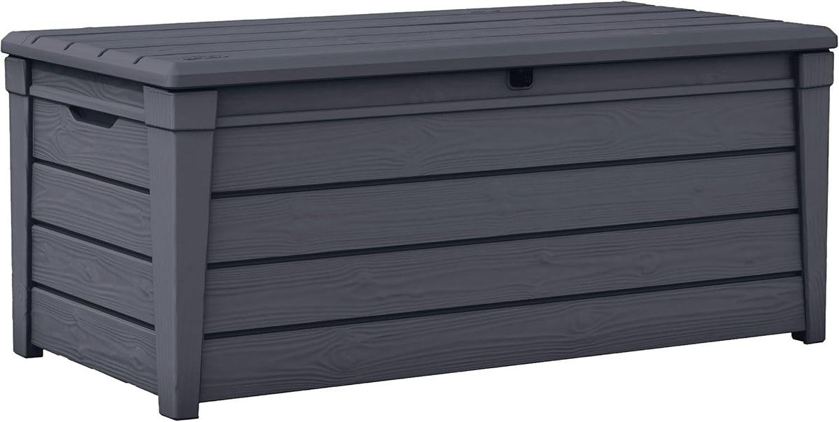 Keter Brightwood 120 Gallon Resin Large Deck Box for Patio Garden Storage Box, Outdoor Cushion Storage, Pool Accessories, and Toys, Grey