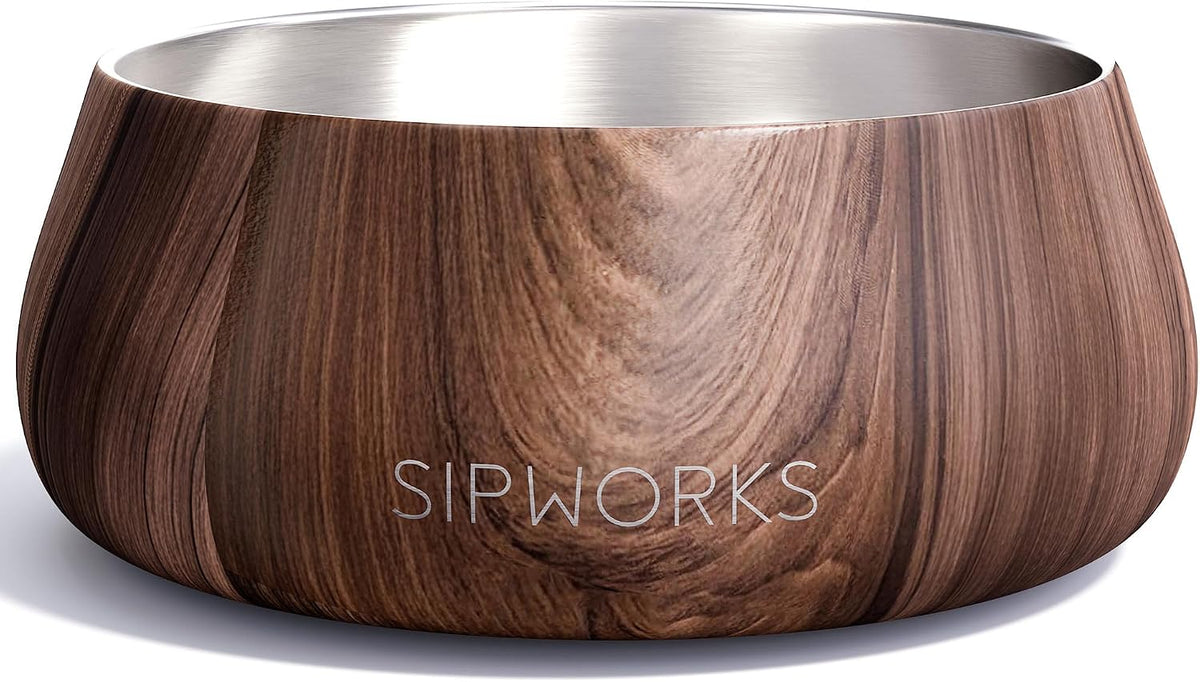 Sipworks Stainless Steel Pet Water Bowl for Cats & Dogs | Reusable Stainless Steel Insulated Food Bowls for Cat Dog | No Slip No Tip No Spill BPA Free | 32Oz | Mahogany