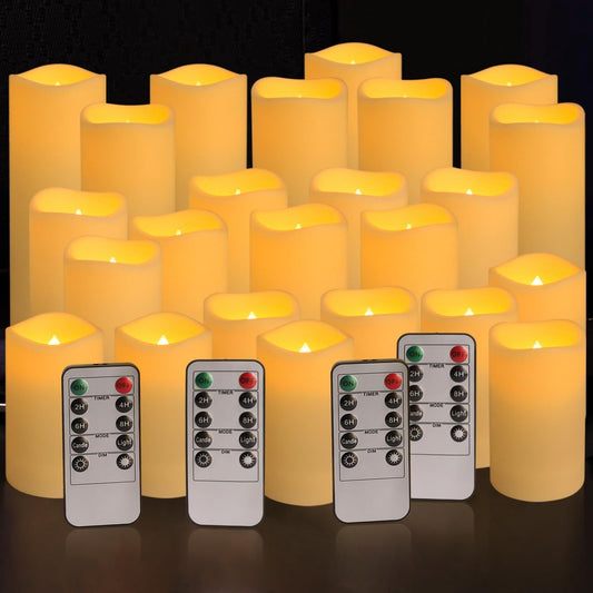 YOROXRG Set of 24 Waterproof Outdoor Flameless Candles, LED Candles with 4 Remote and Timer,(H 4" 5" 6" X D 2.2"),For Christmas,Halloween,Wedding,Festival