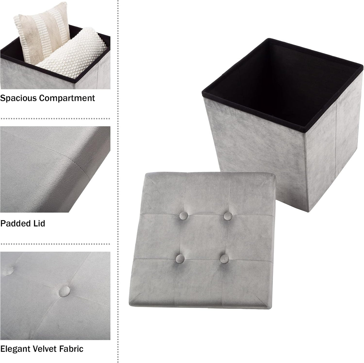 Storage Ottoman - Velvet Tufted Footrest, Linen Chest, or Storage Organizer with Removable Lid for Bedroom, Living Room, or Dorm by Lavish Home (Gray)