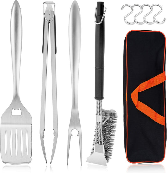 Hasteel Grilling Utensil Set 18In, Stainless Steel BBQ Accessories Tools with Bag for Outdoor Cooking Camping, Heavy Duty Grill Spatula, Tong, Meat Fork, Basting Brush, Cleaning Brush, Man’S Gift