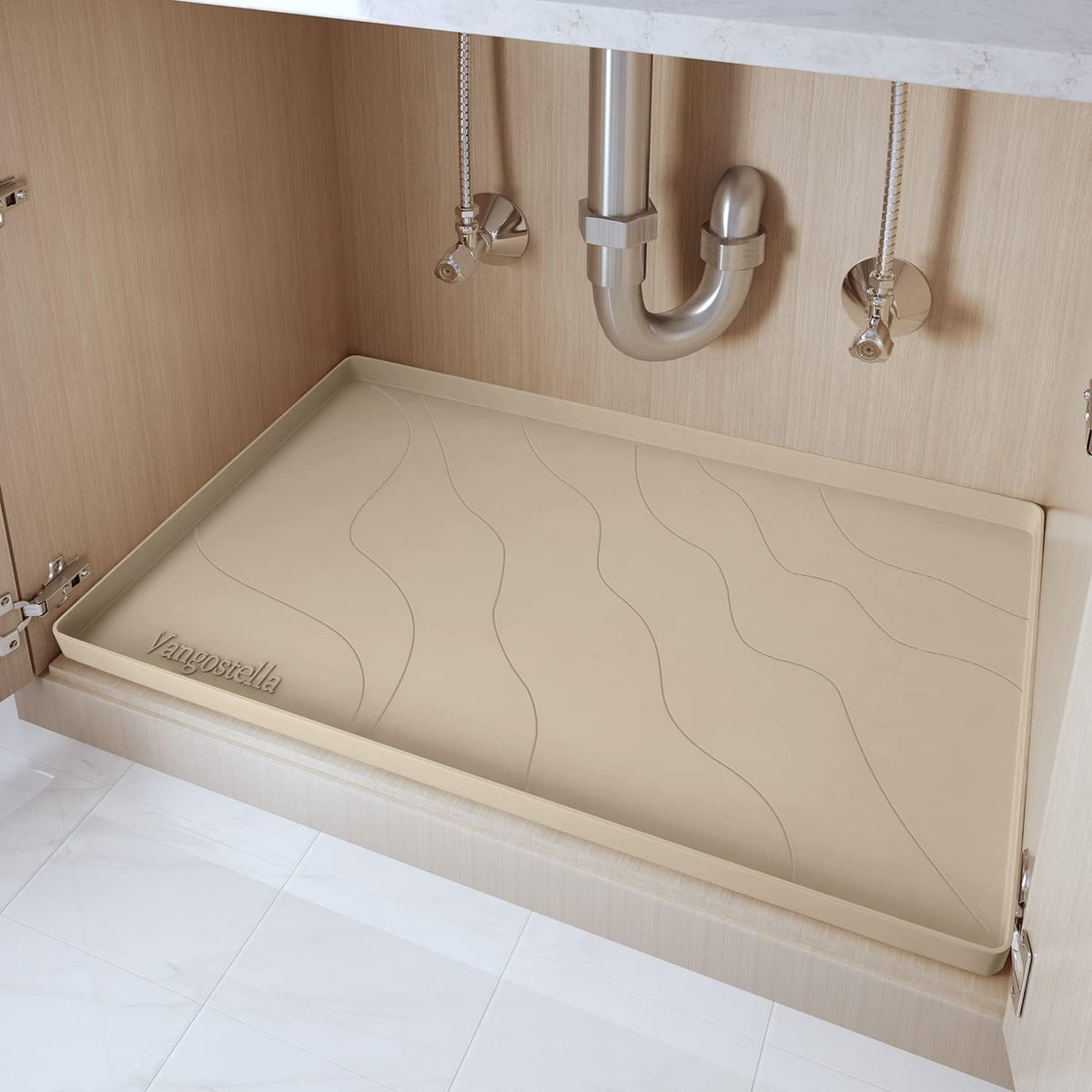 Heavy Duty Silicone under Sink Mat for Kitchen Waterproof 34" X 22", Extra Thick Rubber Mat Drip Tray, Raised Edge under Sink Liner, Prevent Drips, Leaks, Spills, Beige