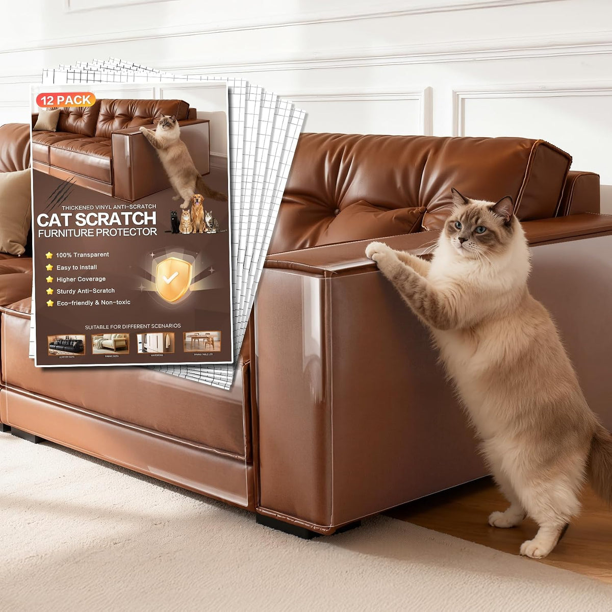 Anti Cat Scratch Furniture Protector for Leather Furniture, Easy-To-Apply & Removable Couch Protector from Cat Claws, Sofa Corner Guard Anti-Scratch Tape for Cats (12 Pack)