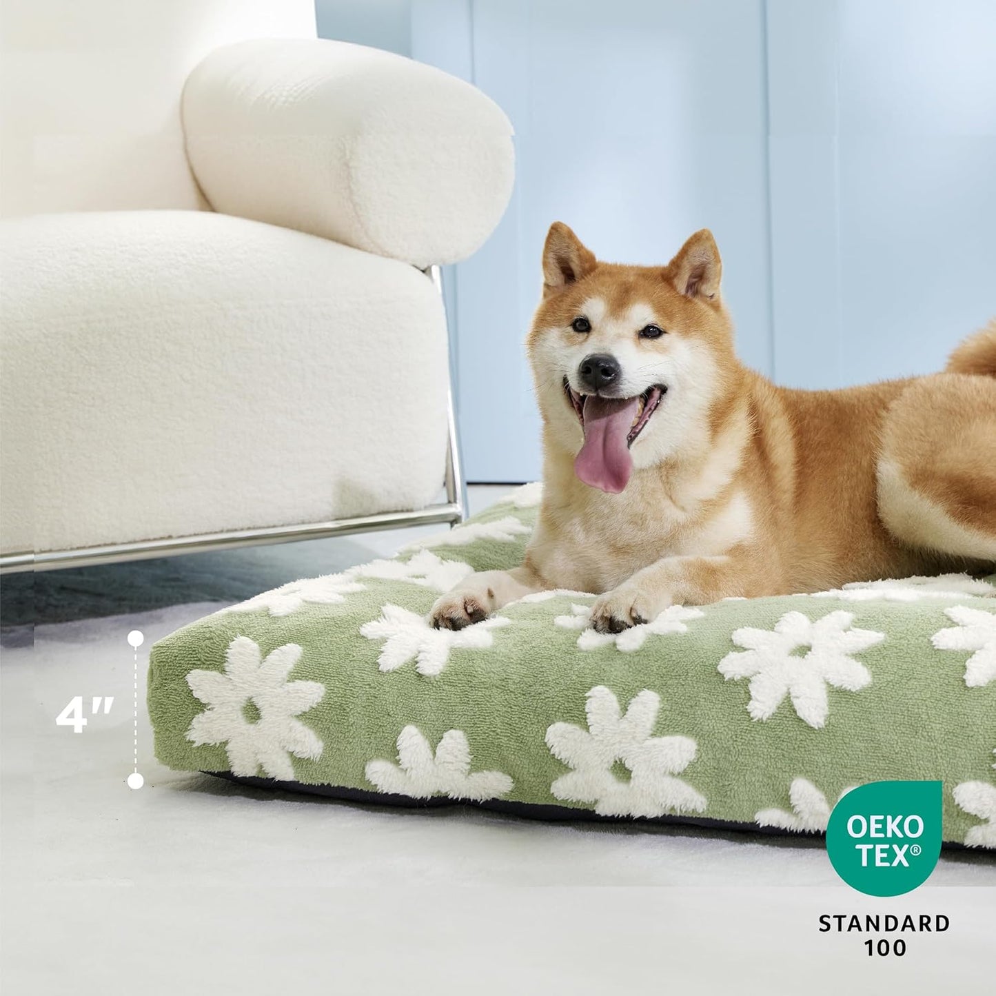 LE SURE Dog Beds Large Sized-Thick Shredded Chopped Foam Pet Bed Indoor as Bed Gift with Removable Cover, Cute Modern Fuzzy Plush & anti Slip Bottom, Green