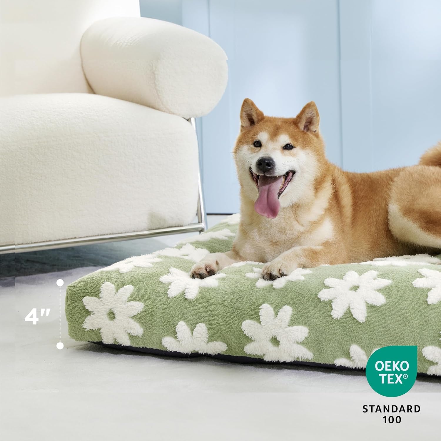LE SURE Dog Beds Large Sized-Thick Shredded Chopped Foam Pet Bed Indoor as Bed Gift with Removable Cover, Cute Modern Fuzzy Plush & anti Slip Bottom, Green