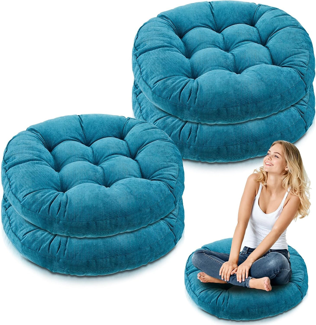 Jerify 4 Pcs Aquamarine Large Floor Pillow Cushion, round 22 X 22