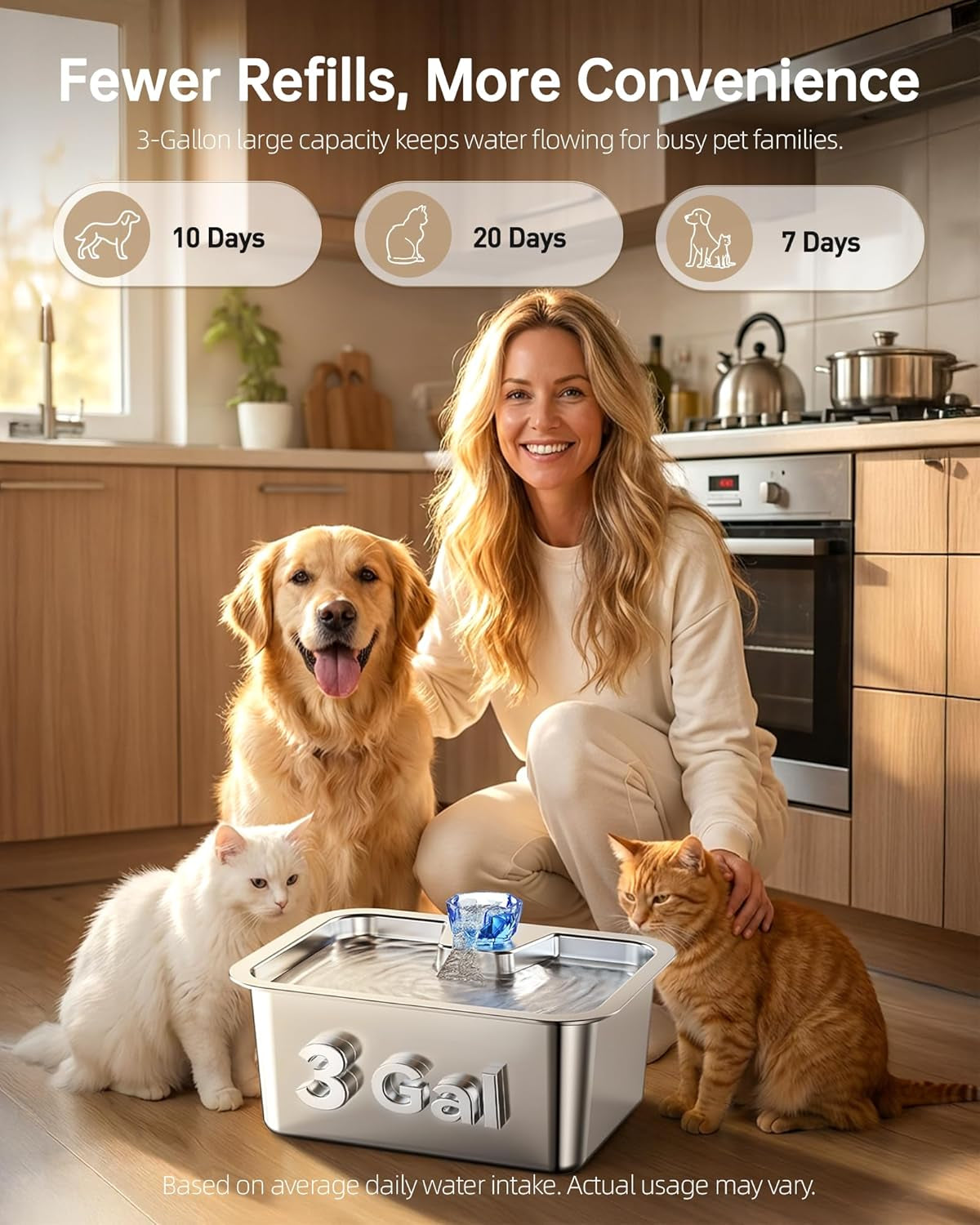 3Gal Large Dog Water Fountain Dispenser, 11L Stainless Steel Pet Fountain with 6 Filters, Ultra Quiet Automatic Dog Water Bowl Dispenser for Large & Multi-Pet, Wide Drinking Area, Easy to Clean