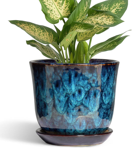 5.6 Inch Plant Pot - Ceramic Pots for Plants with Drainage Hole and Saucer, round Succulent Flower Orchid Pot for Indoor Outdoor, Modern Planter, Home Room Decor, Gift for Plant Lover, Blue
