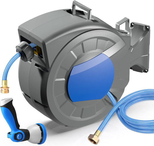 REDUCTUS Retractable Garden Hose Reel Wall Mount 1/2" X 100 Ft + 6.5 Ft Water Hose Reel for outside with 10 Pattern Nozzle, Automatic Slow Rewind System/Lock Any Length/180°Swivel