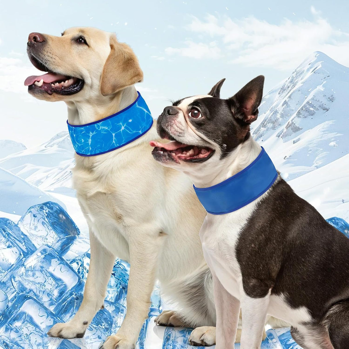 SCENEREAL 2 Pack Dog Cooling Bandana Neck Wraps, Instant Chill Pet Bandanas for Summer Hot Weather, Adjustable Reusable Ice Scarf Bib Gel Cooler for Small to Large Dogs Indoor Outdoor, Blue & Wave L