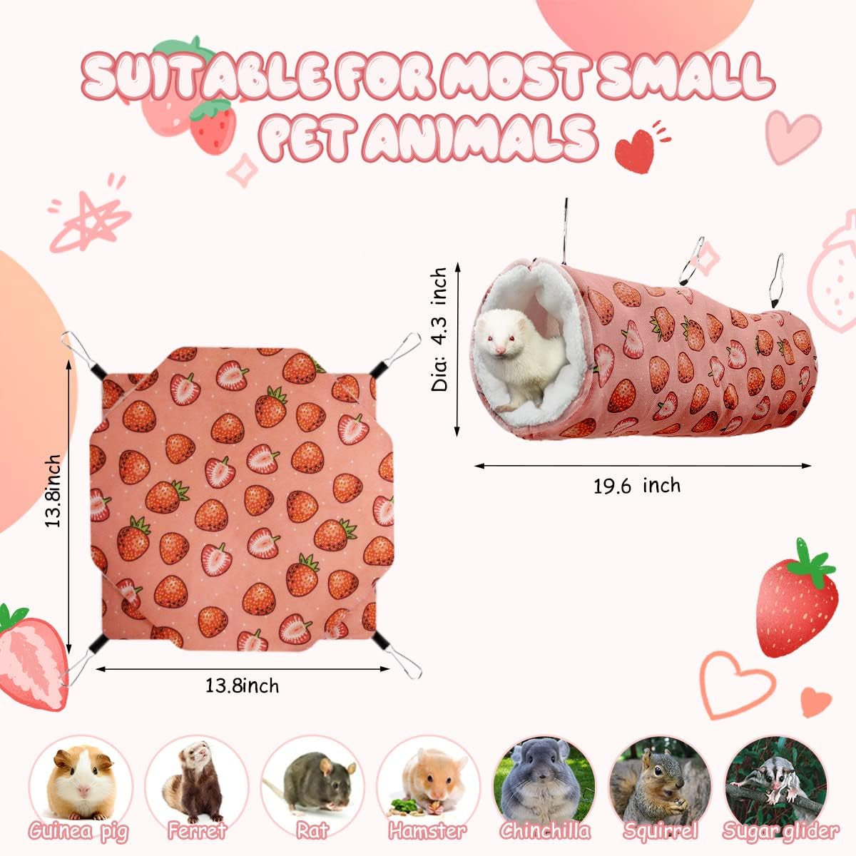LYART Guinea Pig Rat Ferret Hammock and Warm Bed Small Pet Hideout Tunnel Cave Hanging Bunkbed Hammock Cage Toy for Hamster Sugar Glider Squirrel (3.Hammock & Tunnel)