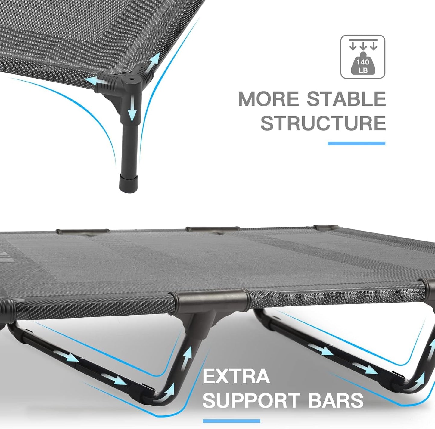 Suddus Elevated Dog Bed for Large Dogs 140Lb, Breathable Cooling Raised Dog Cot with Dual Support Bars & Metal Frame, No-Slip Feet, Waterproof Pet Bed for Indoor/Outdoor, X-Large, 48 * 36 * 9In, Grey