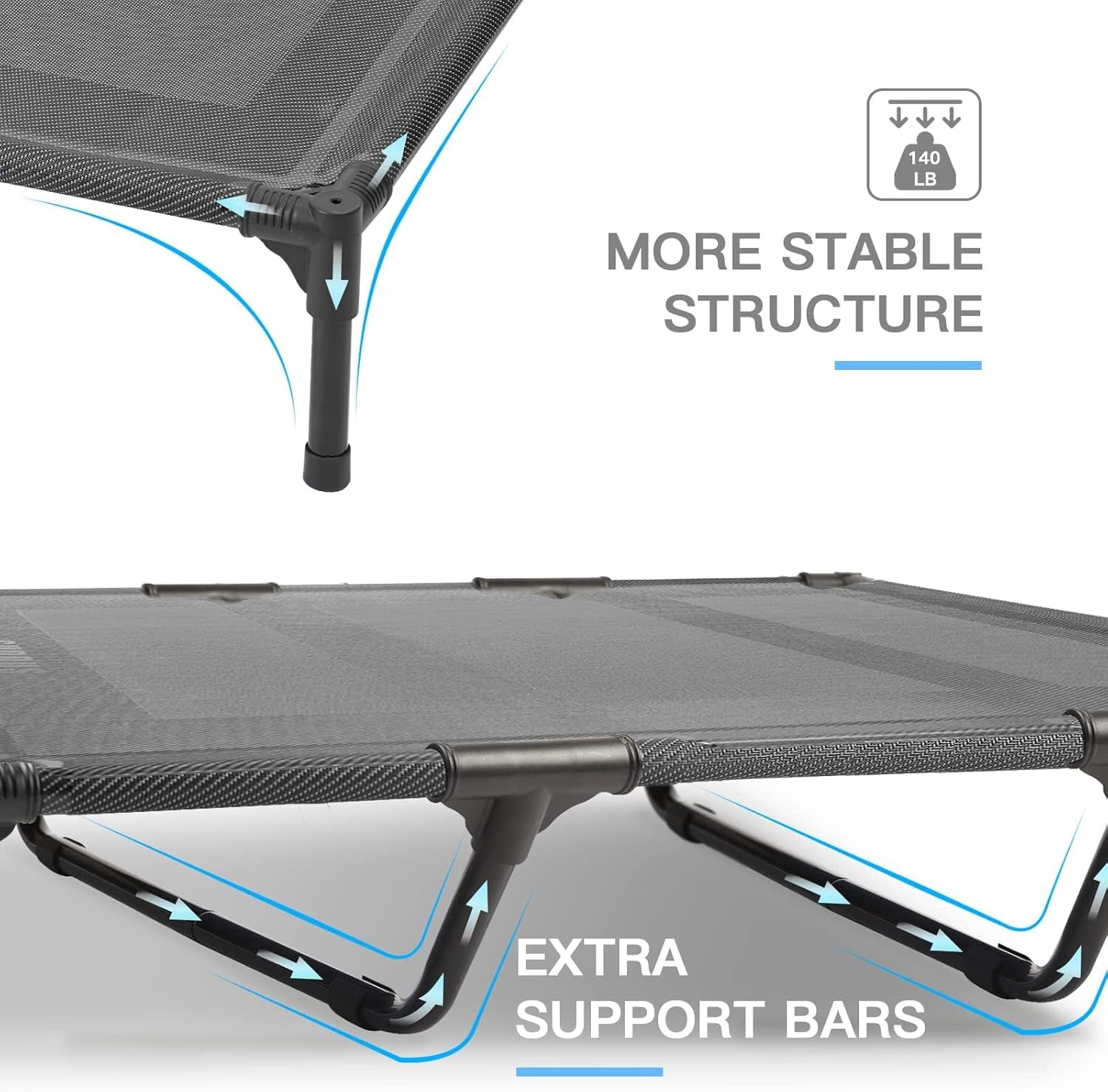 Suddus Elevated Dog Bed for Large Dogs 140Lb, Breathable Cooling Raised Dog Cot with Dual Support Bars & Metal Frame, No-Slip Feet, Waterproof Pet Bed for Indoor/Outdoor, X-Large, 48 * 36 * 9In, Grey