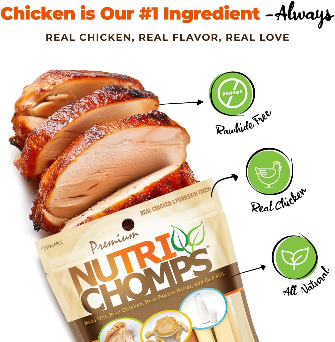 Nutri Chomps Dog Chews, 5-Inch Twists, Easy to Digest, Rawhide-Free Dog Treats, 15 Count, Real Chicken, Peanut Butter and Milk Flavors