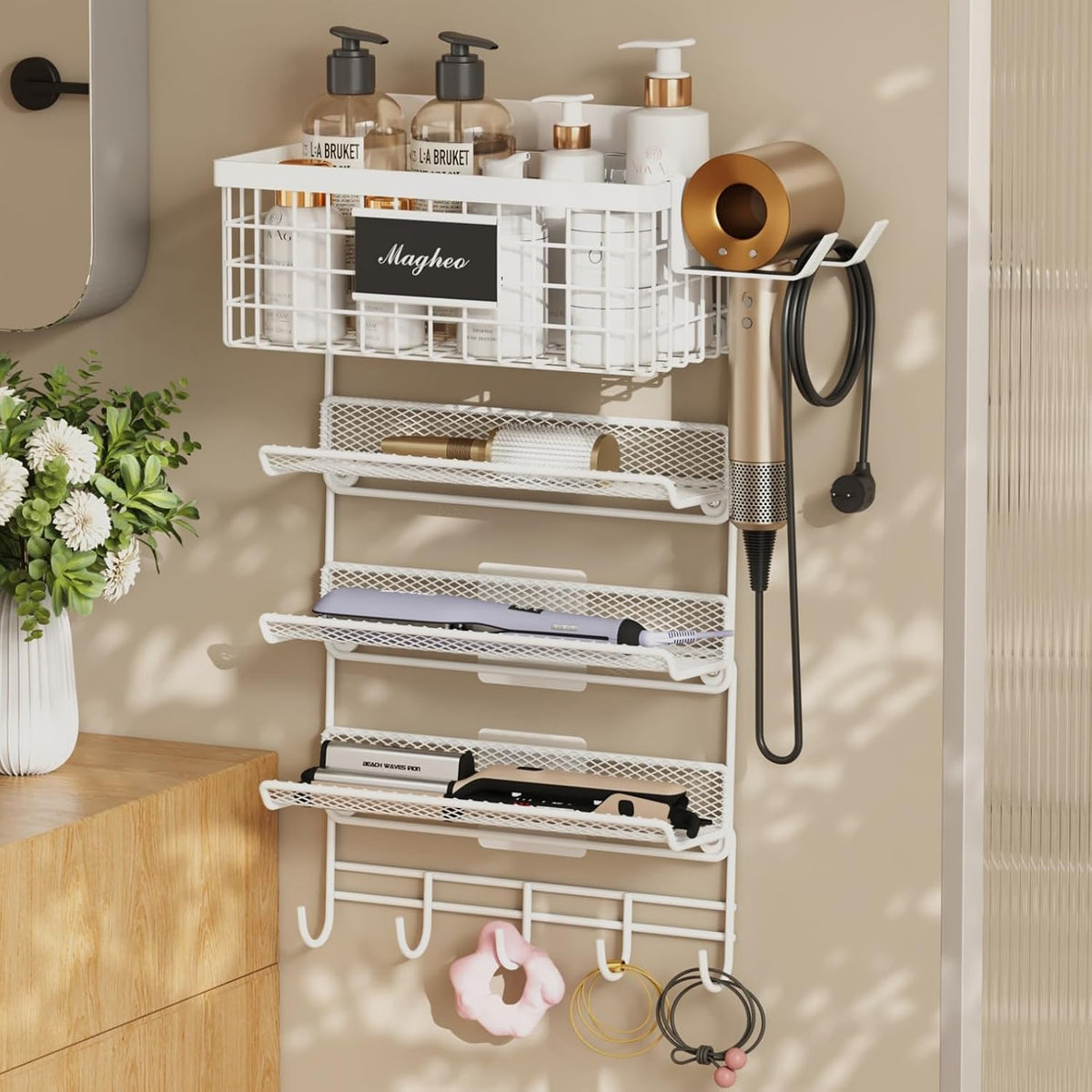 Magheo Hair Dryer Holder Wall Mounted, Adheisve Hair Tool Organizer for Hair Brush/Appliance Wall Mount with 5 Tier Shelf Basket Hooks Blow Dryer and Straightener Holder for Bathroom(White)