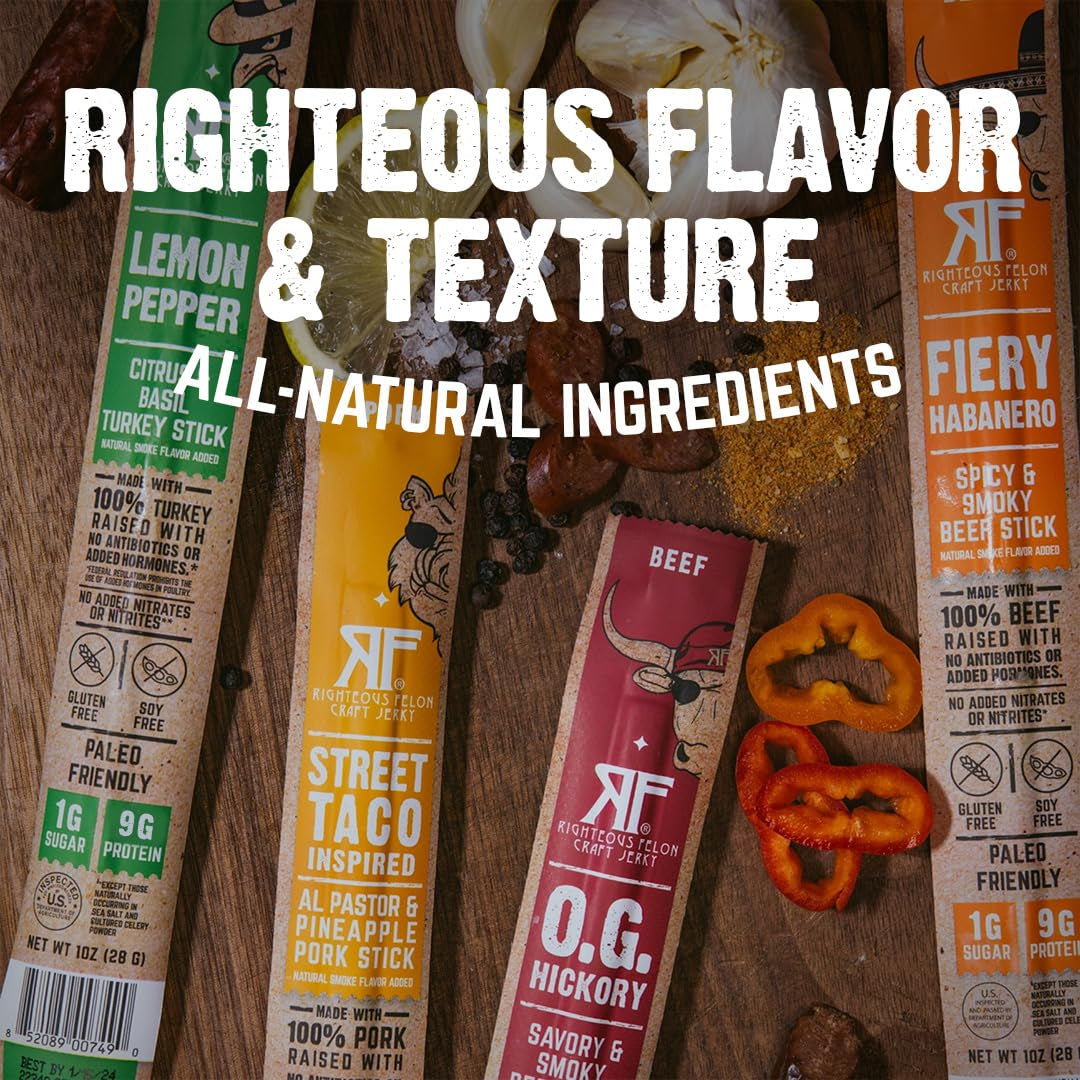 Righteous Felon Variety Meat Sticks | 100% Grass Fed Beef, Turkey & Pork | 88G Total Protein | Gluten-Free, Low Sugar, High Protein Snack Sticks | Individually Wrapped | Jerky Variety Pack, 10 Count