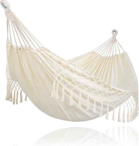 SUNCREAT Portable Camping Hammock for Outside, Heavy Duty 2 Person Hammock Bed for Tree, Beige with Tassels