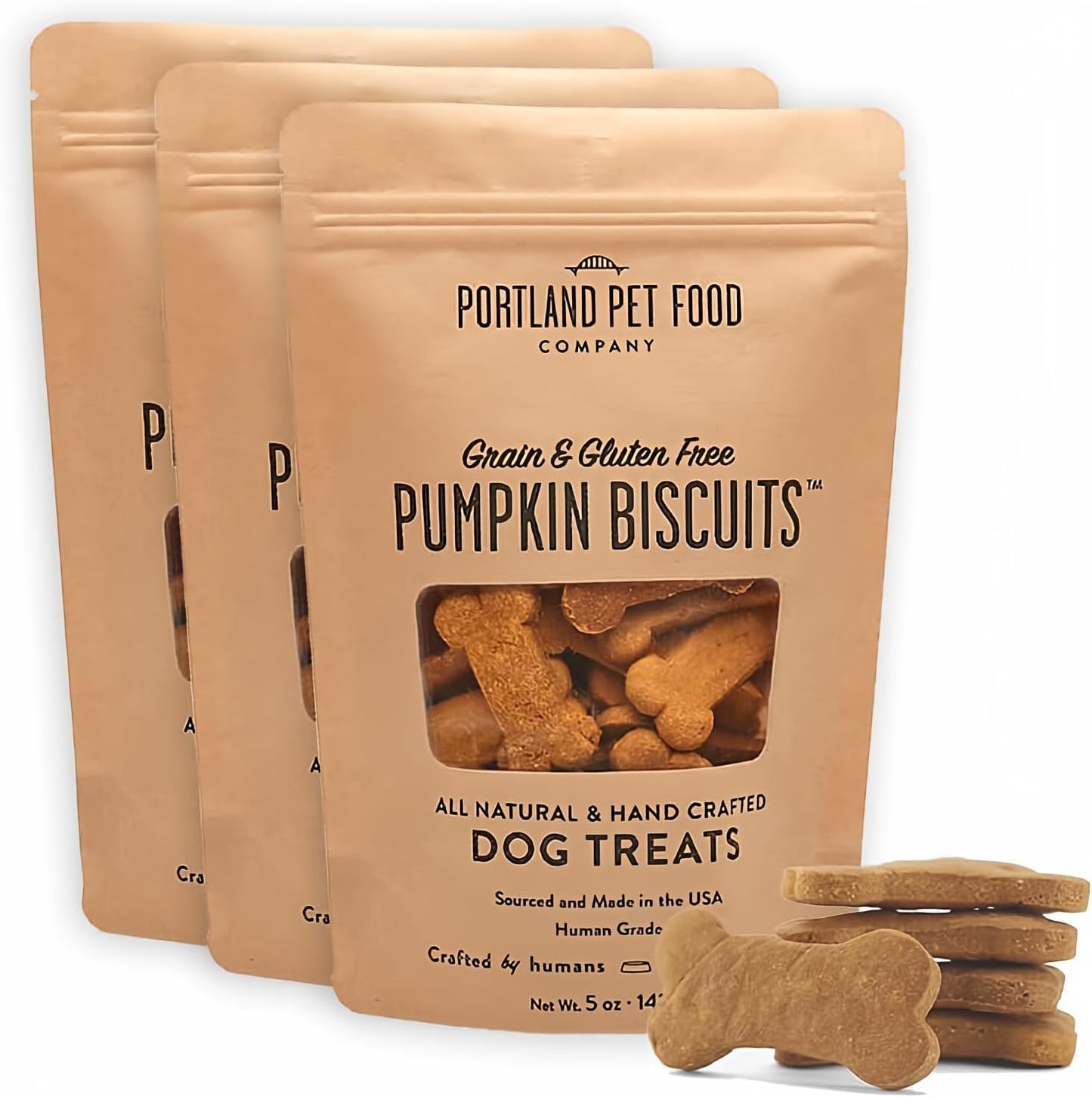 Portland Pet Food Company Pumpkin Dog Treats Healthy Biscuits for Small Medium & Large Dogs - Grain-Free, Human-Grade, All Natural Cookies, Snacks & Training Treats - Made in the USA - 3 Pack (5 Oz)