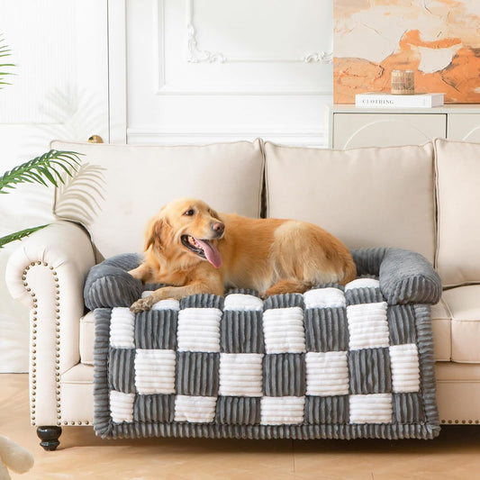 Dog Bed for Couch with Bolster, Comfy Couch Cover for Dogs Washable, Non-Slip Plush Furniture Protector, Calming Fuzzy Lounge Mat, Pet Sofa Accessories (Grey, X-Large)