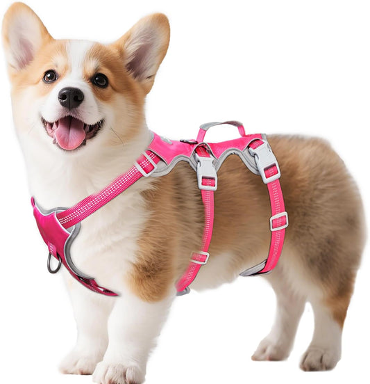 Huntboo Escape Proof Dog Harness, Escape Artist Harness, Reflective Harness with Padded Handle, Breathable, Durable, Adjustable Vest for Medium Dogs Walking, Training, and Running Gear（Rose Red, S