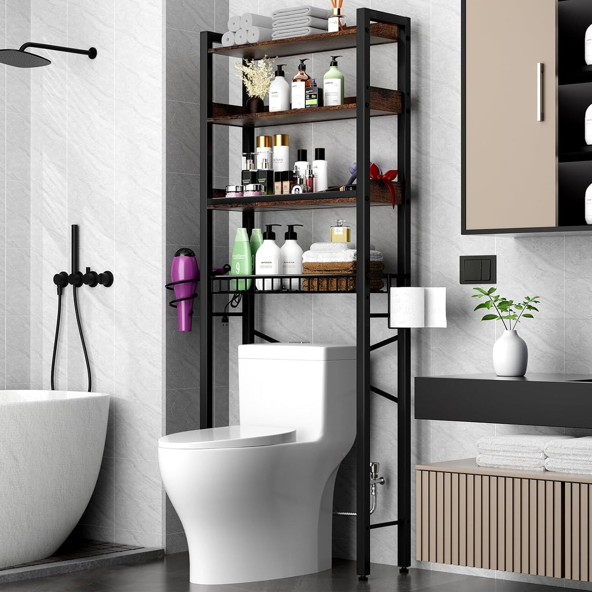 Over the Toilet Storage Cabinet,4 Tier Bathroom Organizers and Storage with Adjustable Shelf Waterproof Feet Pad and Basket ,Multifunctional Space Saver Freestanding Bathroom Shelves with Dividers