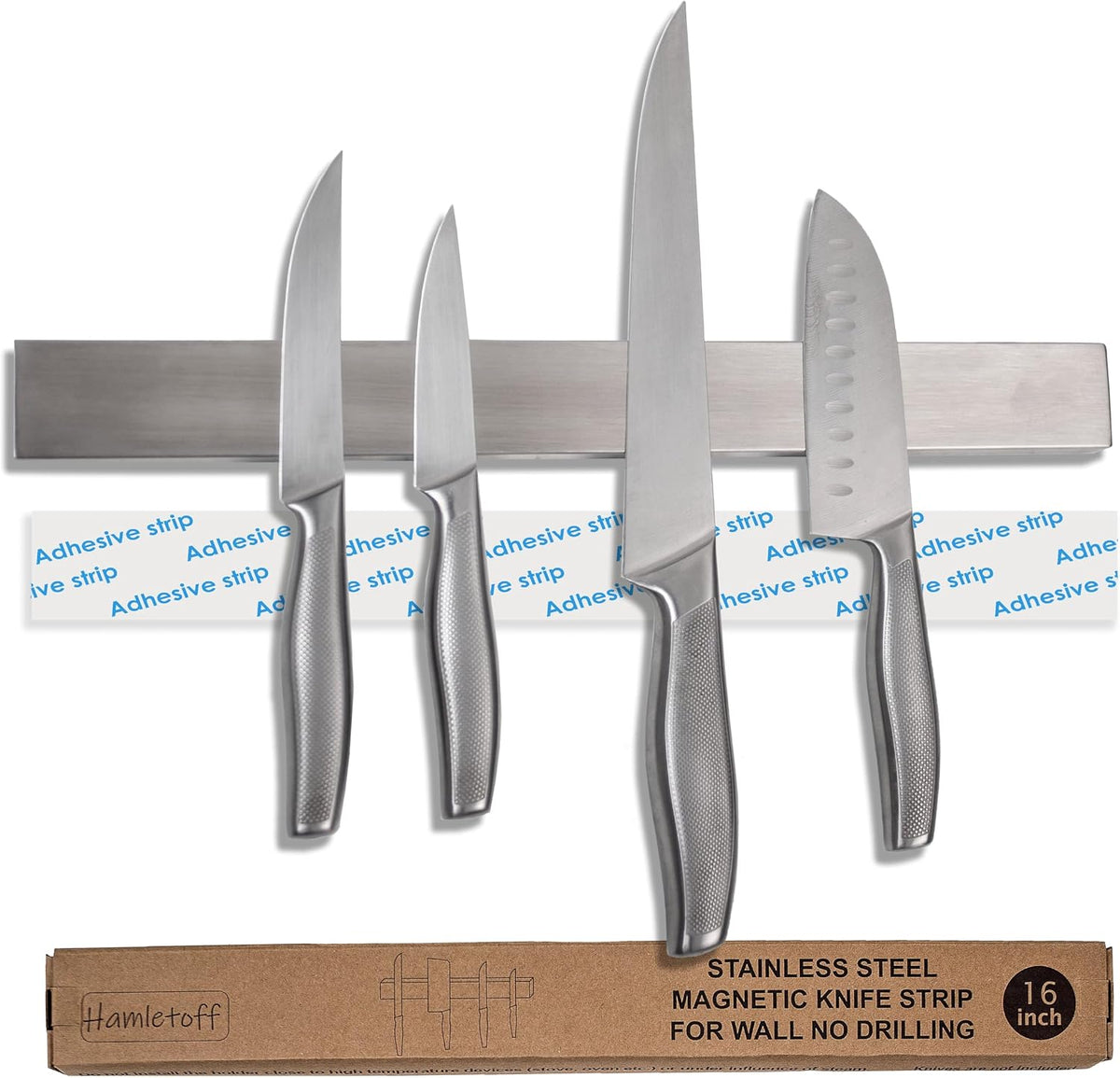 Premium Magnetic Knife Holder for Wall No Drilling – 16 Inch Stainless Steel Magnetic Knife Holder Self Adhesive - Kitchen Magnetic Knife Strip with Adhesive Sticker (Upgraded Adhesive Tape)