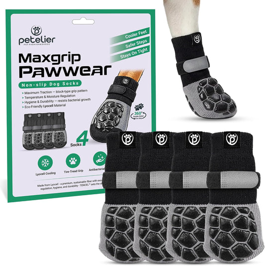 Maxgrip PAWWEAR Anti‑Slip Dog Socks | Dual‑Side Traction Grip, Block‑Pattern Max Stability | Breathable Lyocell Fabric | Soft & Durable Paw Protection for Safety on Hardwood & Tile | Medium, Set of 4