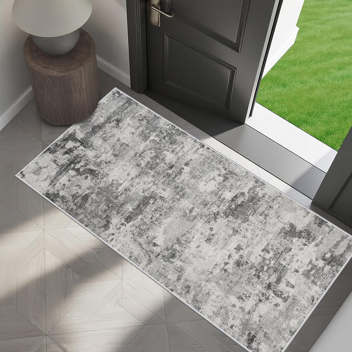 HILORUUG 2X4 Rug Washable Entryway: Non Slip Abstract Runner Black Grey