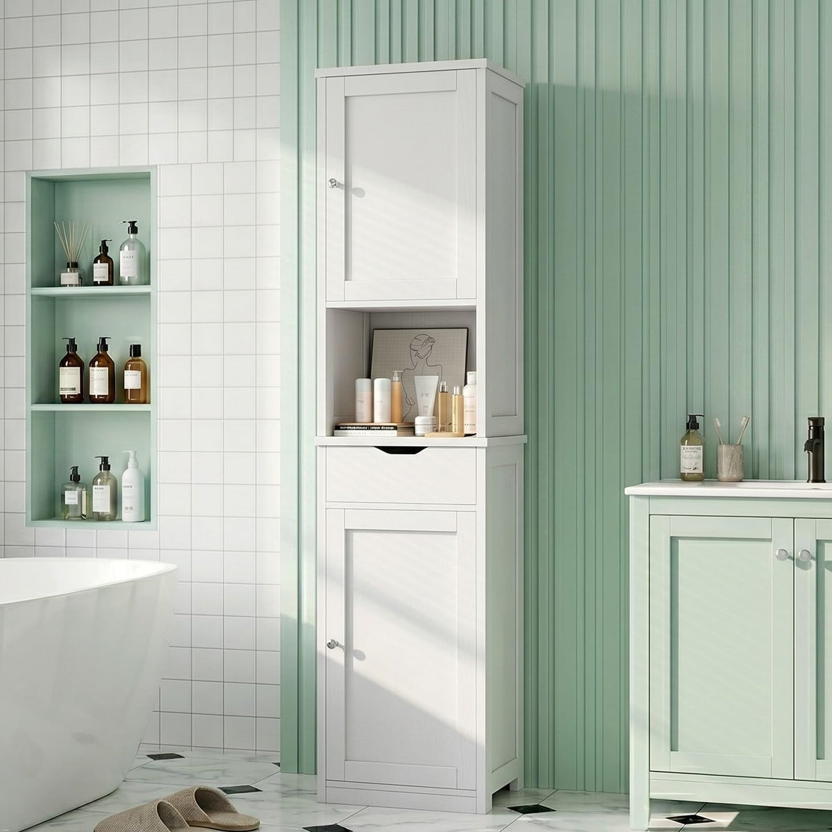 Vongrasig 64”Tall Narrow Bathroom Storage Cabinet with 2 Doors, White
