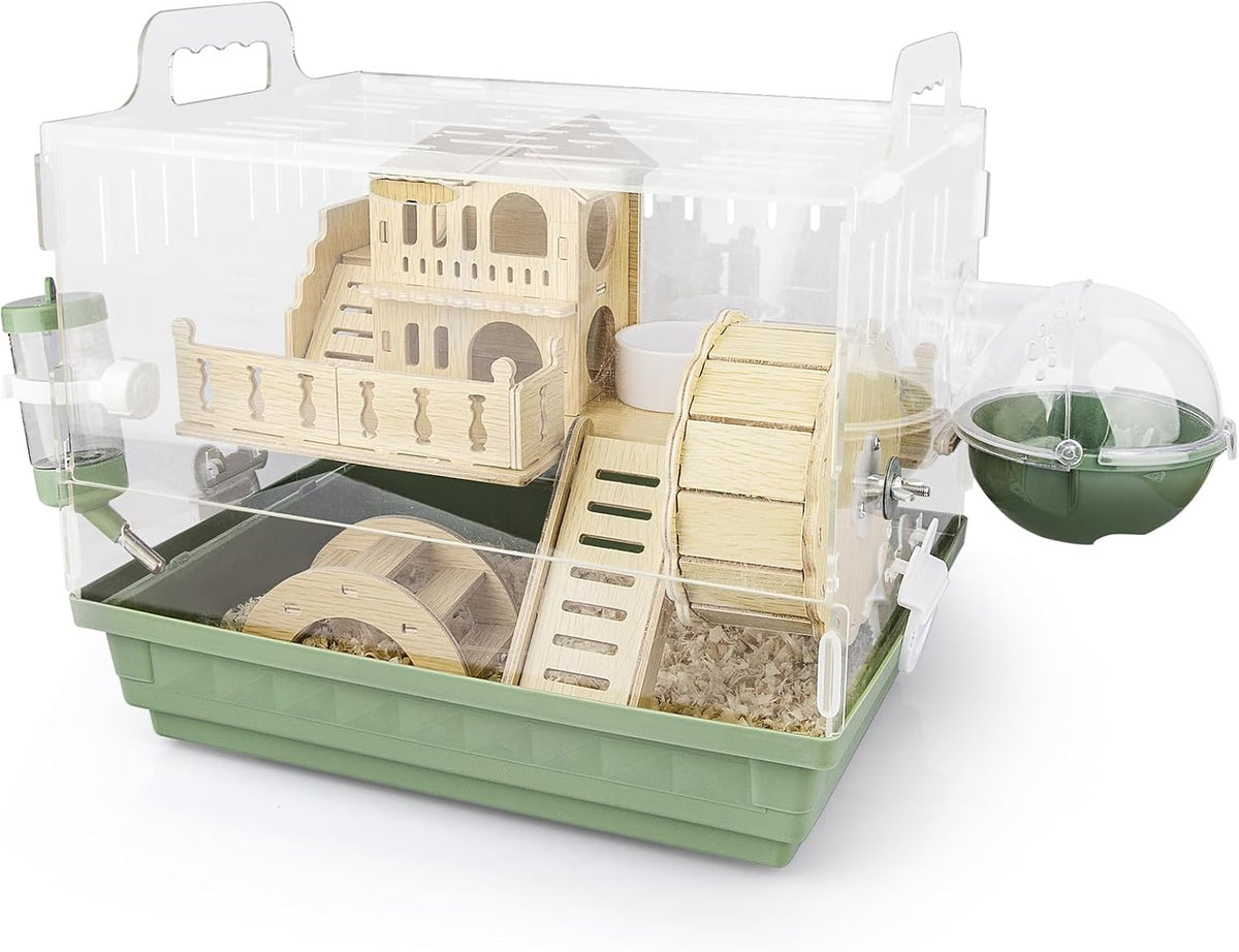 Cycodo 8 in 1 Acrylic Hamster Cage,2-Tier Dwarf Hamster Cage with Wooden Wheel & Hideout,Small Hamster Habitat with Accessories,Clear Pet Mice House(Green,14" L*10" W*11" H)