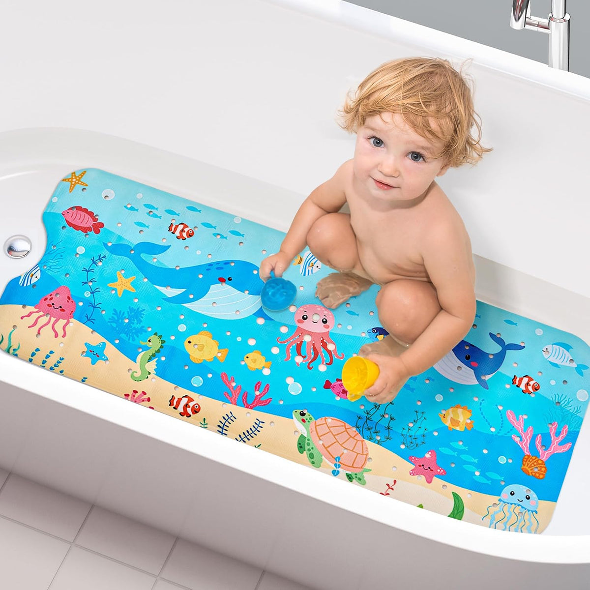 Vannokor Baby Bath Mat for Tub Non Slip Kids, 40 X 16 Inch Extra Long Bathtub Mat with Drain Holes and Suction Cups, anti Slip Shower Mat Machine Washable, Whale