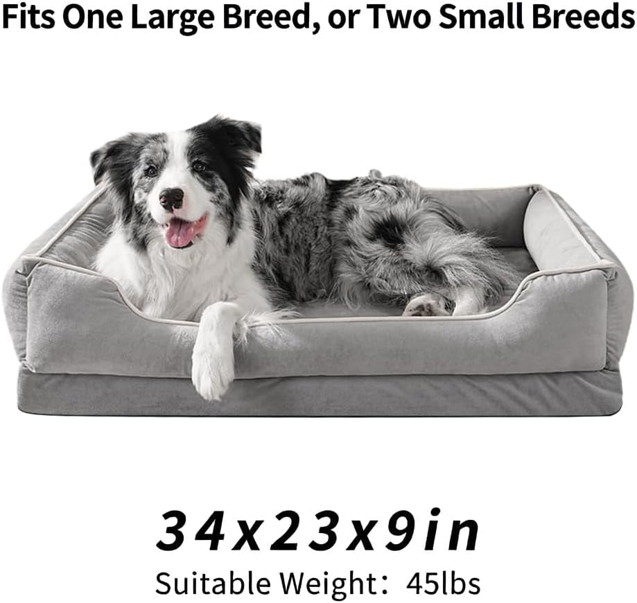 FAIRYPET Orthopedic Dog Bed for Medium to Large Dogs & Cats, Memory Foam Dog Bed with Washable Removable Cover, Top-Grade Dutch Velvet Fabric Pet Sofa Couch for Crate with Nonskid Bottom, Grey
