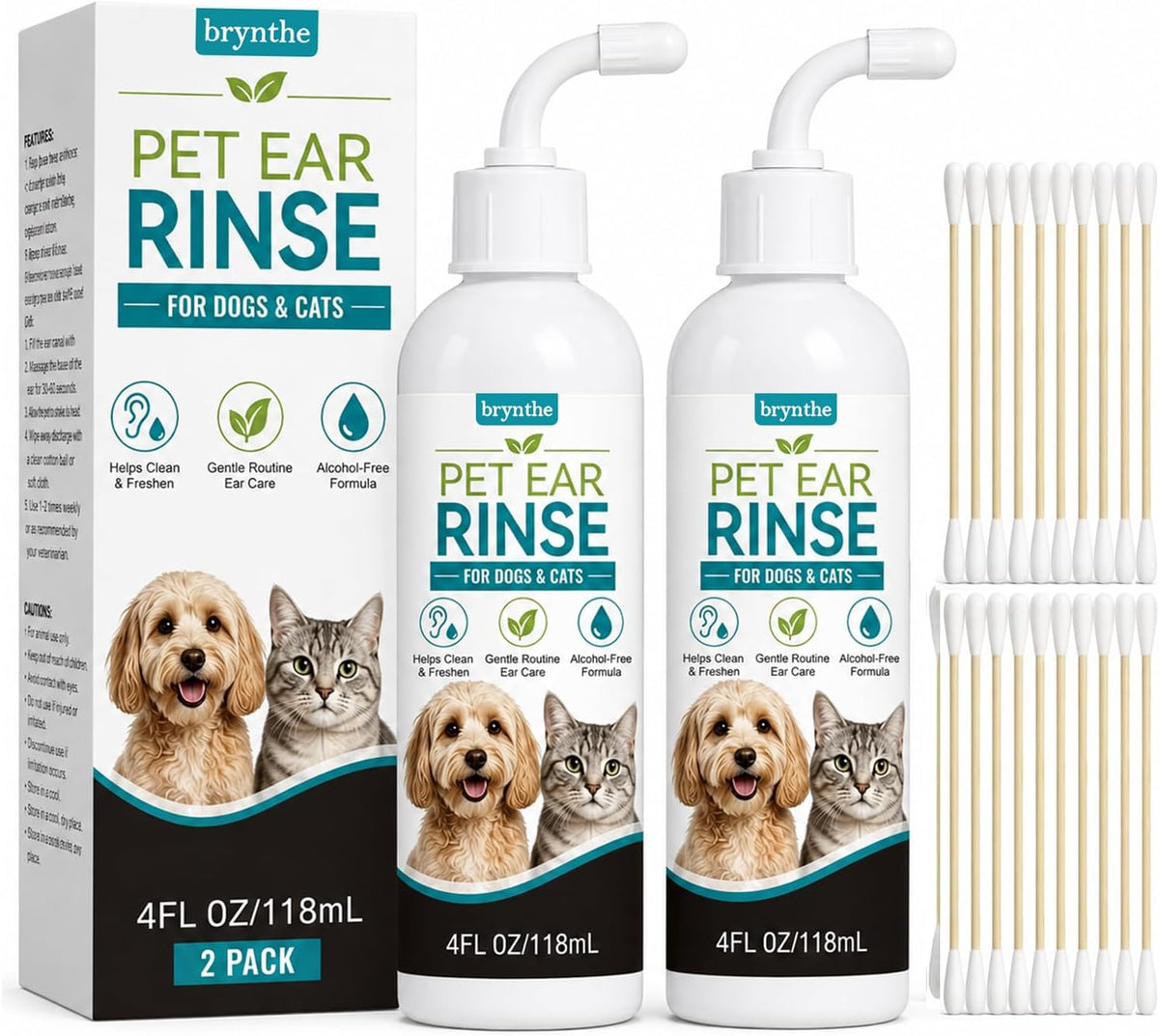 Brynthe Pet Ear Rinse, for Dogs and Cats, Gentle Cleaning Solution Washes Away Wax, Dirt & Debris, Easy-Apply Liquid Formula for Routine Ear Grooming，1Pc