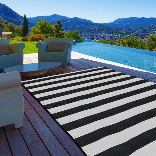 Plastic Straw Rug,6'X9' Outdoor Waterproof Patio Rugs Foldable Reversible Camping Mat for Rv, Deck, Porch, Picnic, Beach, Balcony,Black & White