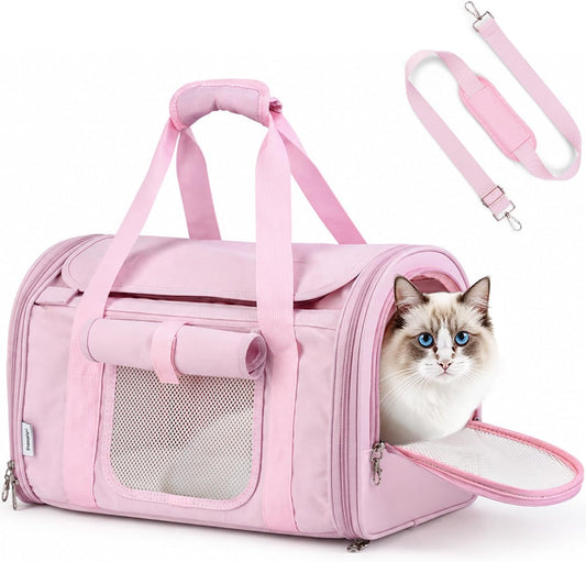Soft Cat Carrier with 3 Rollable Flaps, Airline Approved Pet Carrier, Pink