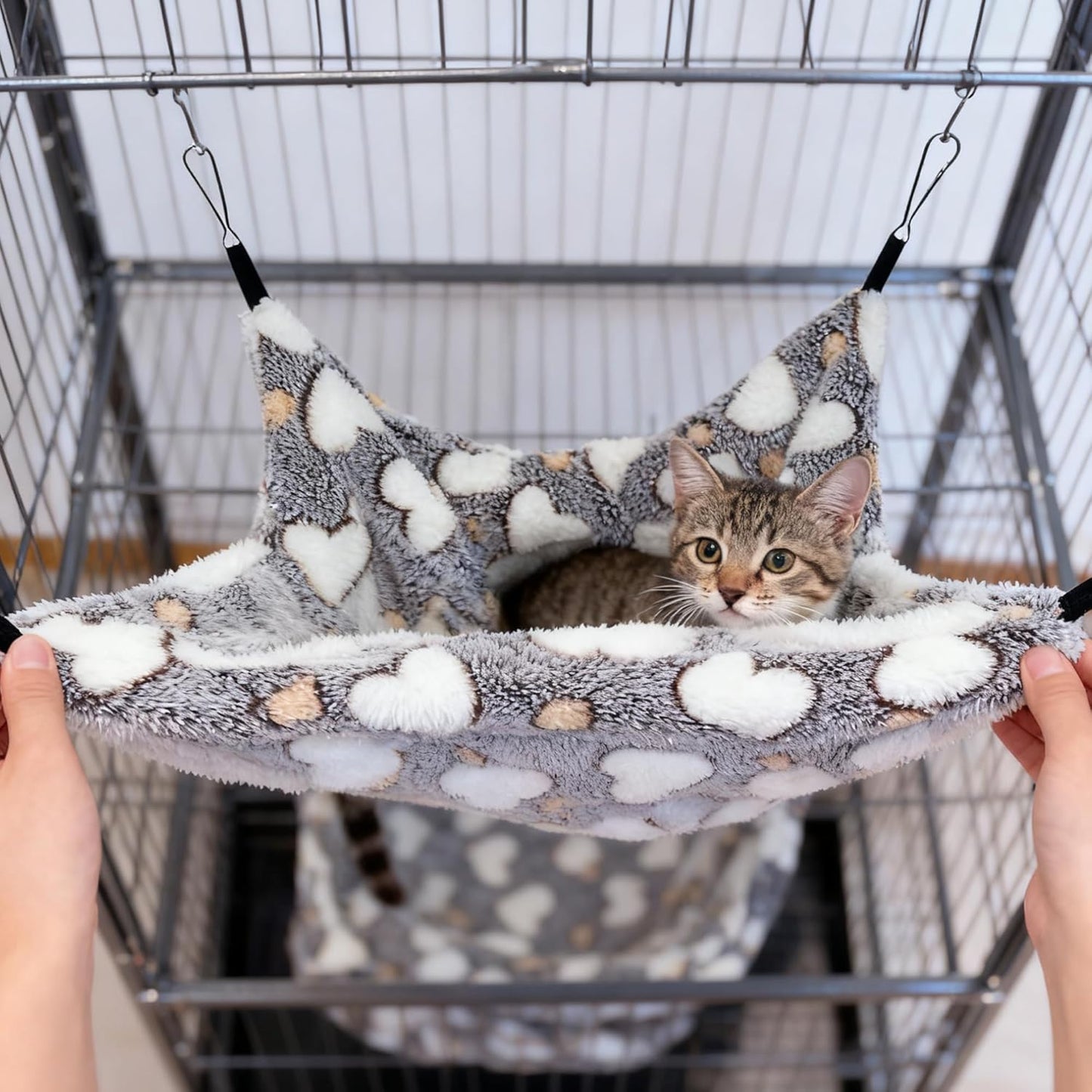 Cat Hammock for Cage - Double-Decker Hanging Bed for Kitten Only (Under 5 Lbs) - Fits Ferret, Rat, Hamster - Machine Washable - 13.3" X 13.3" - Love Coffee Pattern