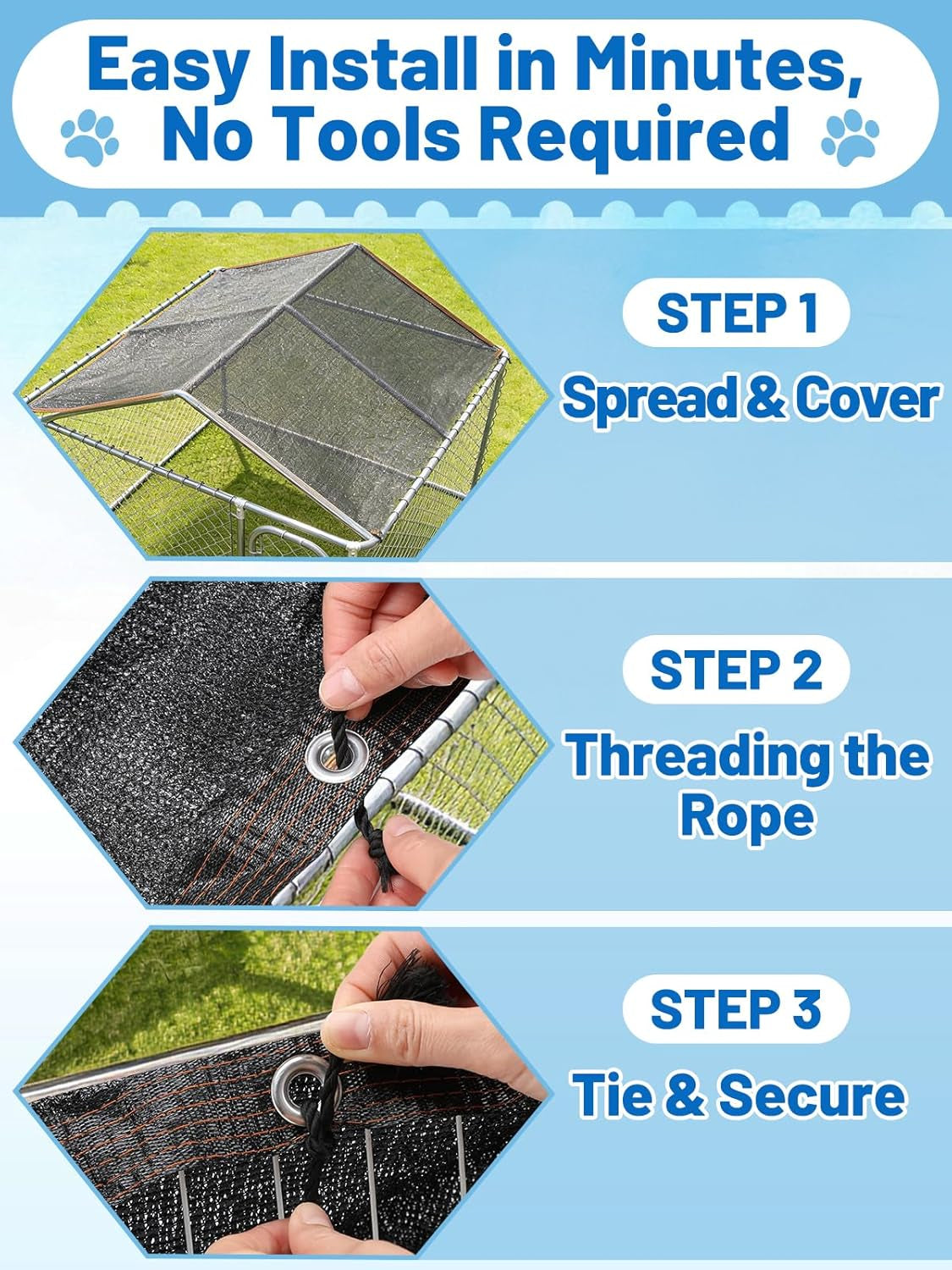 95% High Density Dog Kennel Shade Cover- 10 X 10Ft Upgrade Mesh Shade Panel with Grommets- Dog Cage Sunblock Shading Cloth Net Mesh Tarp with Rope for Outdoor Dog House Large Pet Crate Chicken Coop