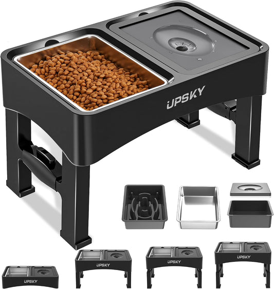 UPSKY 3-In-1 Elevated Dog Bowls Set with 4 Height Adjustable Stand, Balck