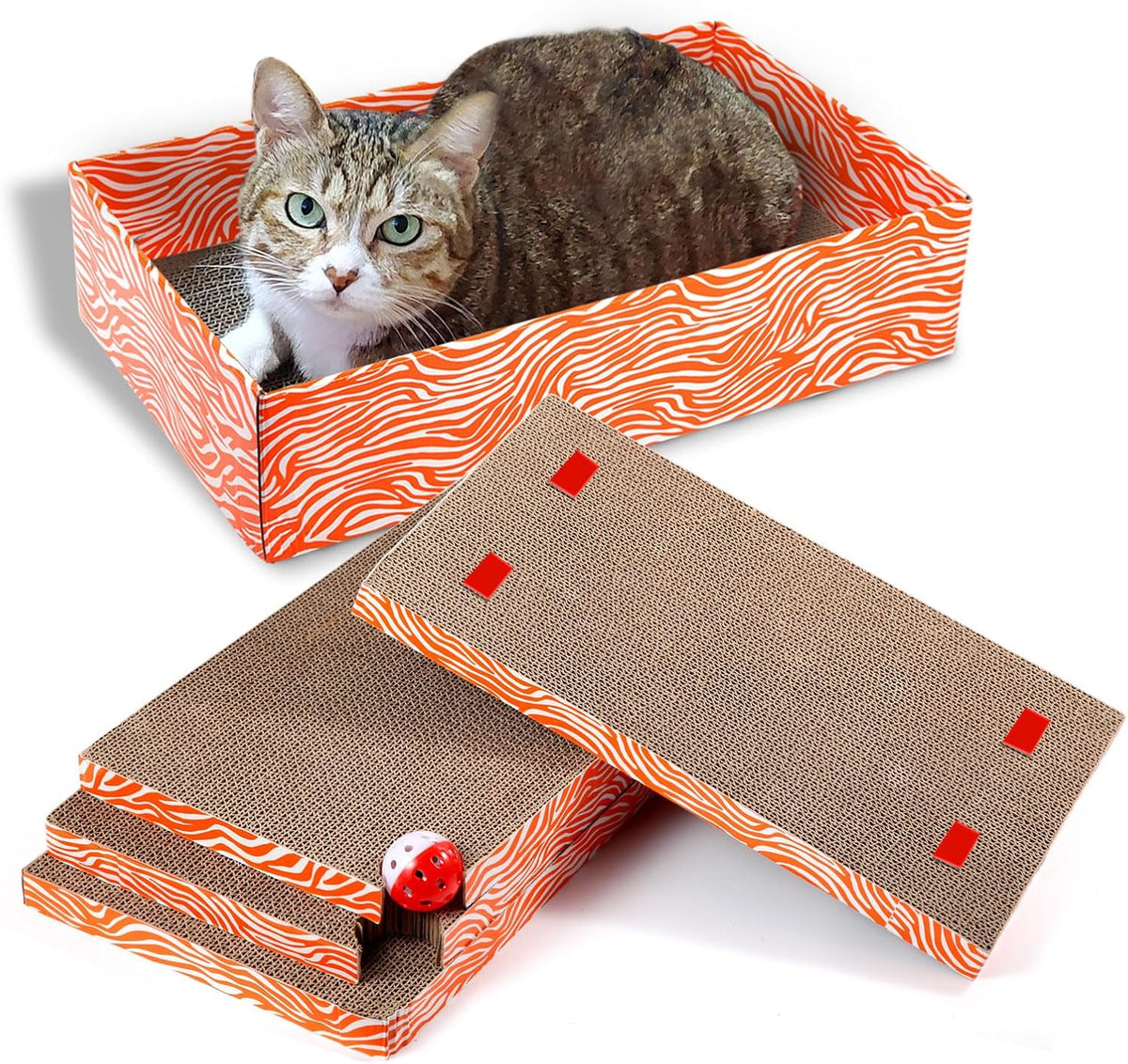 Cat Scrather Box with 4 Pcs Large Scratching Cardboard and Toy Ball, Catnip, 4 in 1 Large Refillable & Reversible Cat Scratcher Pad, Cardboard Cat Bed for Big Medium Small Lazy Kitty
