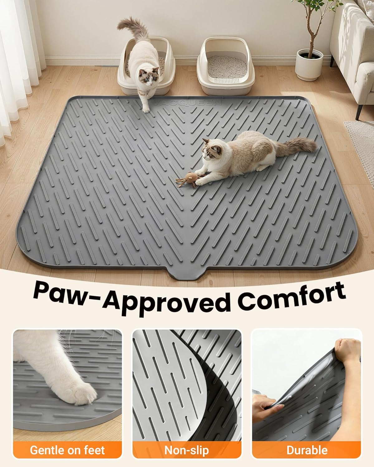 Cat Litter Box Mat, 47" X 37" Extra Large Cat Litter Mat, Silicone Waterproof Litter Trapping Mat for Scatter Control Soft on Kitty Paws Non-Slip Easy to Clean (Gray)