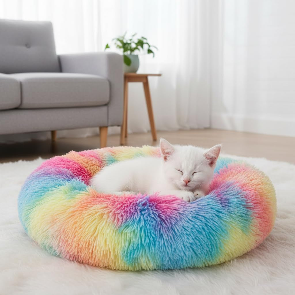 Cat Bed for Indoor Cats, Donut Washable Bed for Kittens, Small Dogs Rainbow