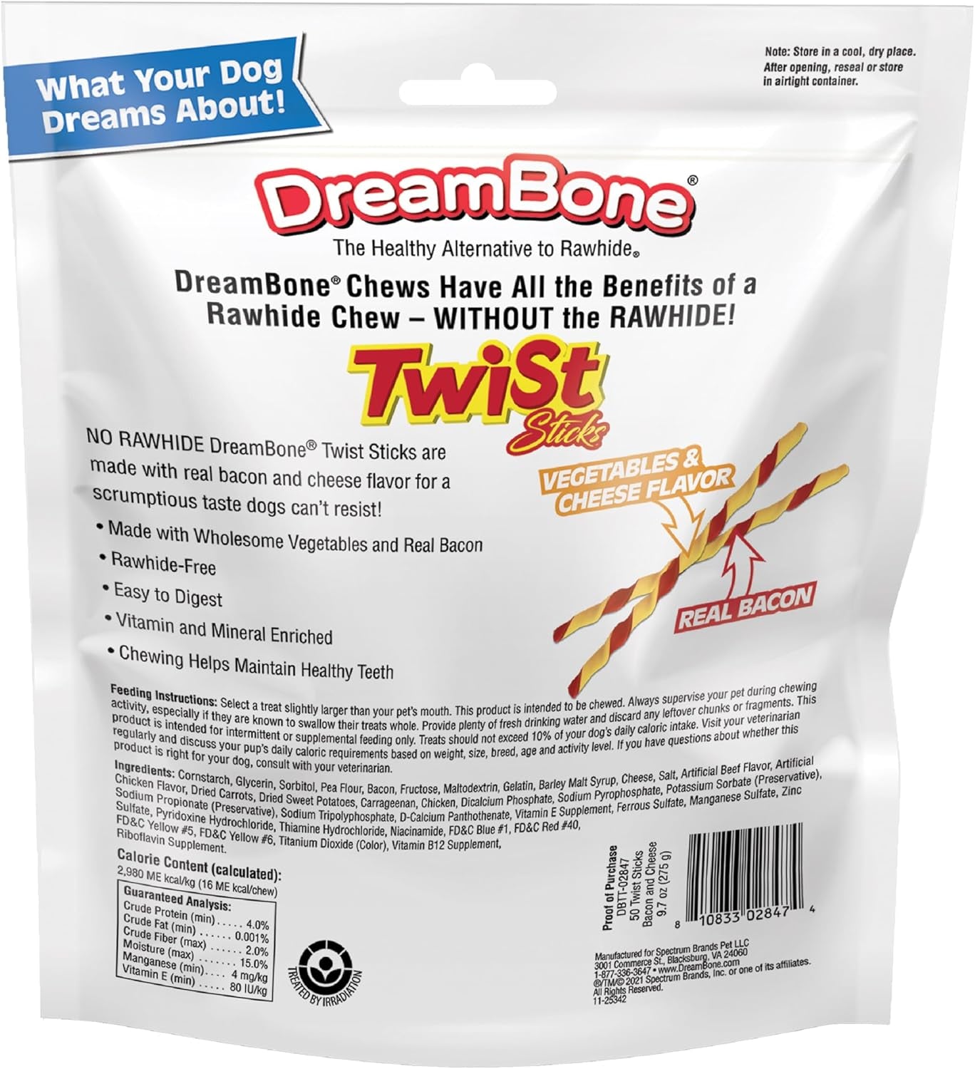 Dreambone Twist Sticks, Made with Real Bacon and Cheese Flavor, Rawhide-Free Chews for Dogs, 50 Count