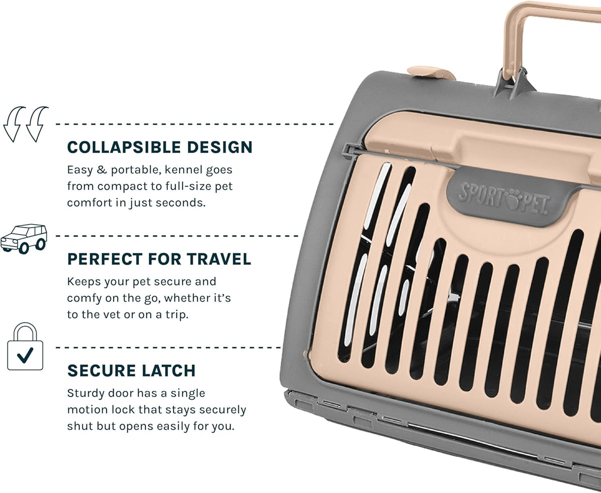 Sportpet LARGE Hard-Sided Travel Cat Carrier - Cat Carrier with Patented Wide Side-Opening Door, Foldable Portable Pet Carrier with Removable Bed for Cats & Small Pets up to 25Lbs - Gray/Tan
