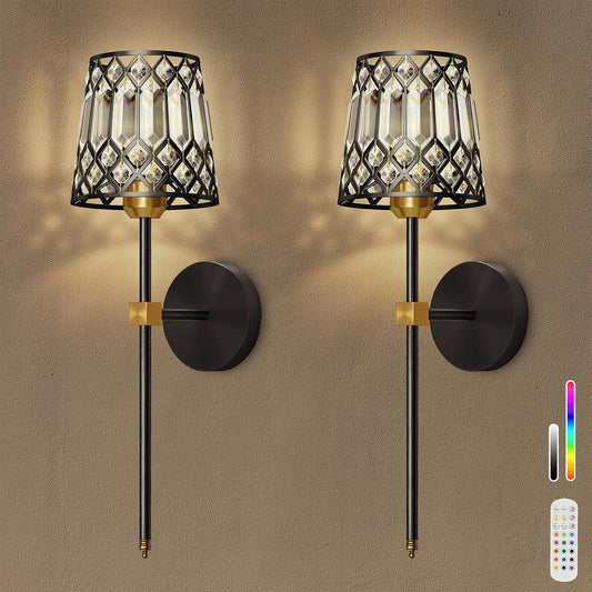 Black and Gold Battery Operated Wall Sconces Set of 2, Crystal Rechargeable Wireless Wall Sconce Lights for Home Decor, Dimmable 12 RGB and 3CCT Wall Lamps with Remote for Living Room Bedroom Hallway