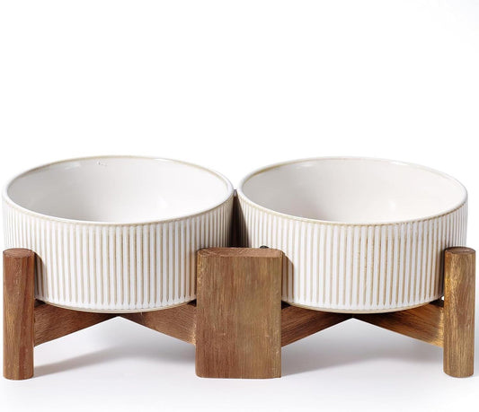 Getstar Ceramic Dog Bowls Set with Acacia Wood Stand, 3.5 Cups Pet Bowls Set of 2 for Medium Dogs, Cute Dog Raised Food Bowl, Cat Bowls