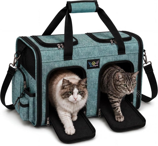 Premium Double Pet Carrier – Spacious 2-In-1 Travel Bag for 2 Cats or Small Dogs, with Divider, Breathable Mesh, Soft-Sided, Foldable Design