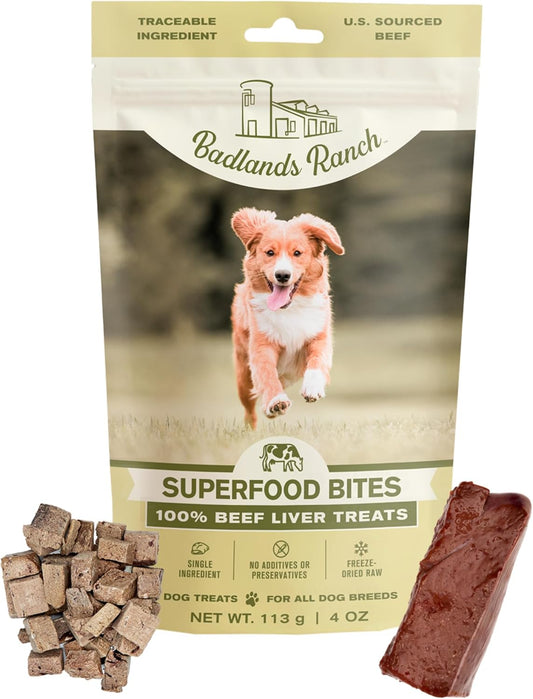 BADLANDS RANCH Superfood Bite Freeze-Dried Beef Liver Dog Treats, 4 Oz