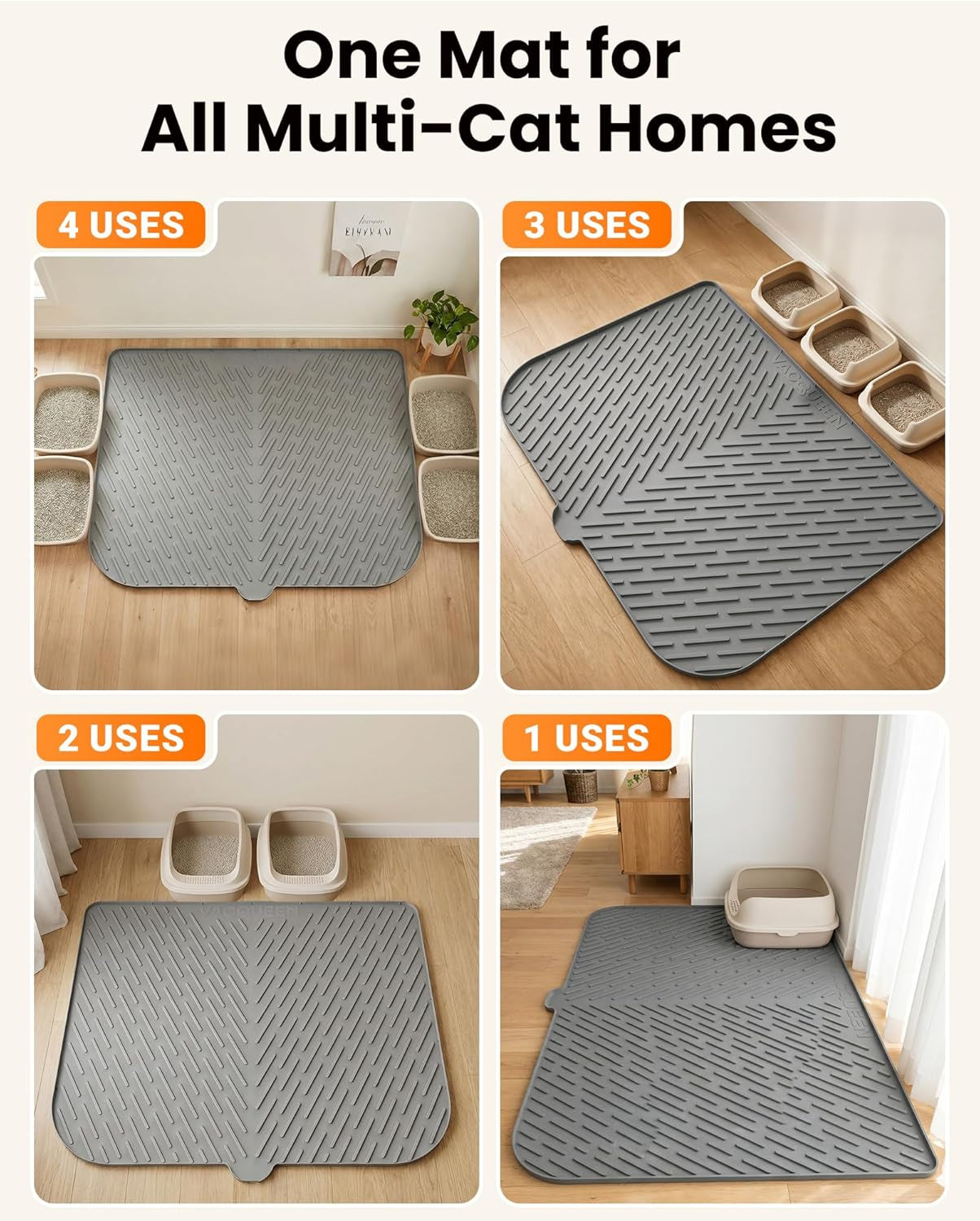 Cat Litter Box Mat, 47" X 37" Extra Large Cat Litter Mat, Silicone Waterproof Litter Trapping Mat for Scatter Control Soft on Kitty Paws Non-Slip Easy to Clean (Gray)