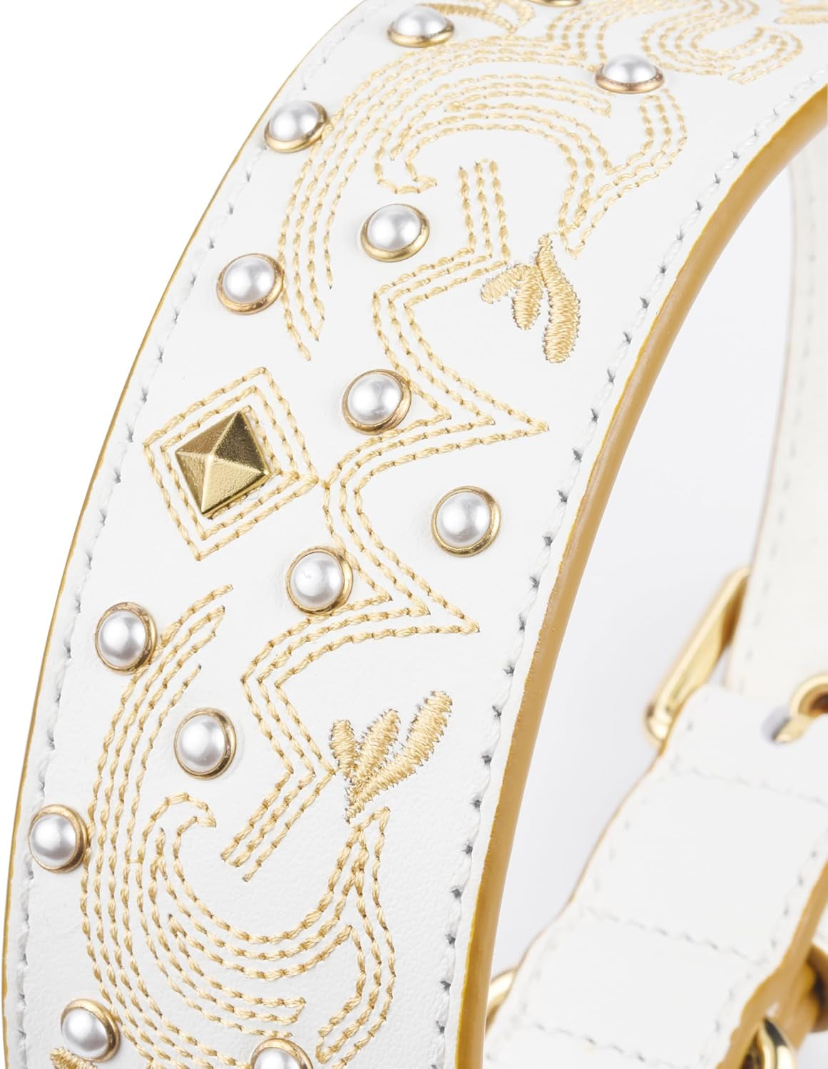Blueberry Pet Western Genuine Leather Dog Collar for Medium Breeds, Pearl White - Floral Embroidery, Pearl Studs, Adjustable 15-18 Inch Neck, Dog Collars for Medium Dogs