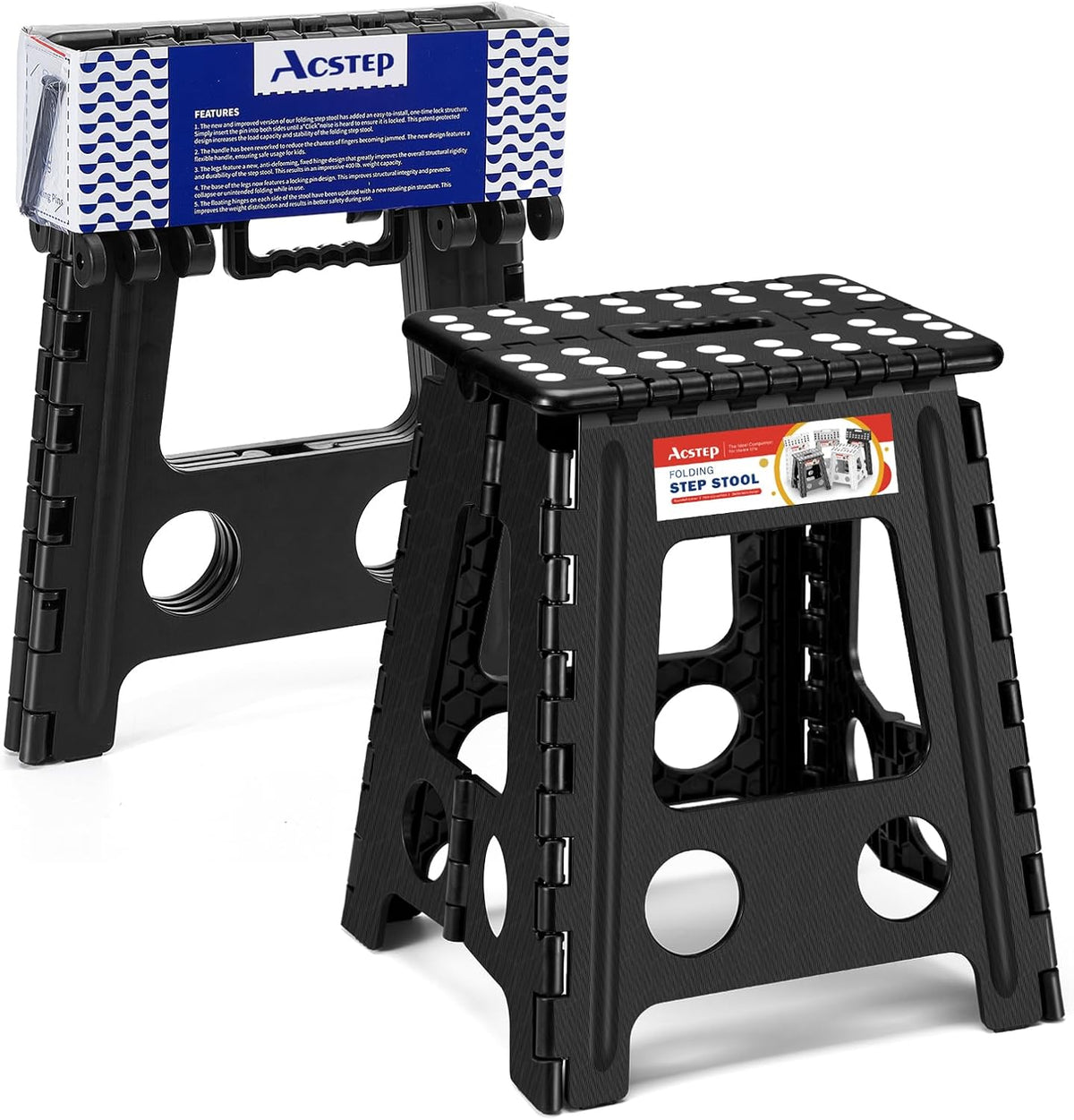 ACSTEP 16 Inch Folding Step Stool, Heavy Duty, 400 Lbs, Black